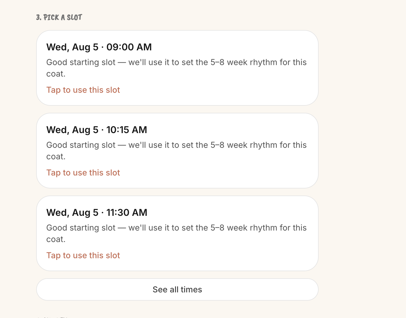 Peppula booking page: clients pick a slot from recommended times